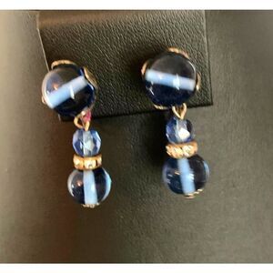 Blue glass Drop Clip earrings, in Silver, Vintage, Unmarked